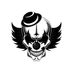 Canvas Print - Black and white vector image of an evil clown skull in a hat.