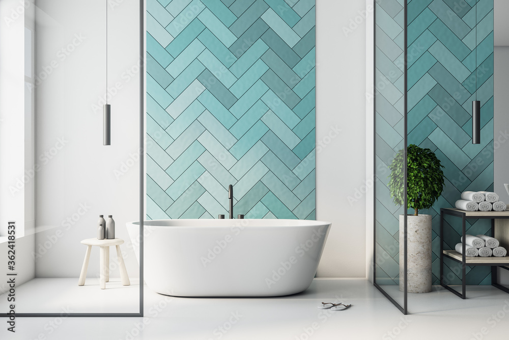 Modern turquoise bathroom interior with bathand self care products. - obrazy, fototapety, plakaty 