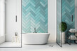 canvas print picture - Modern turquoise bathroom interior with bathand self care products.
