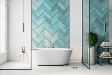 Modern turquoise bathroom interior with bathand self care products.