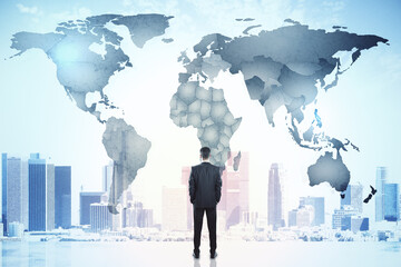 Poster - Businessman looking on city and digital world map hologram.