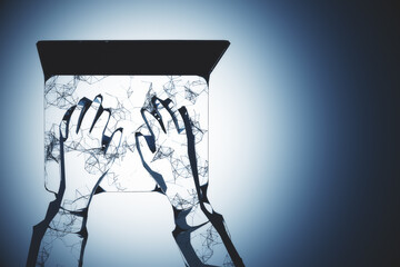 Poster - Abstract polygonal hand using laptop with black screen.