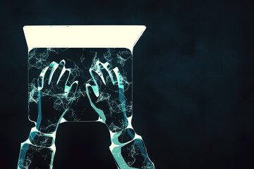 Poster - Futuristic polygonal hand using laptop with white screen.