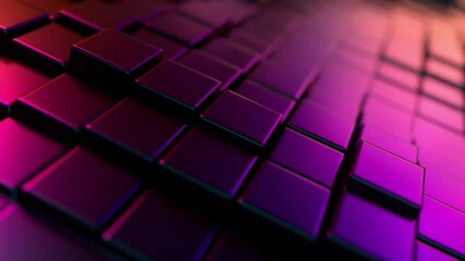 Poster - Abstract background with iridescent moving cubic surface. Geometric footage with neon mosaic effect. Motion design pattern. 3d rendered animation. 4K UHD