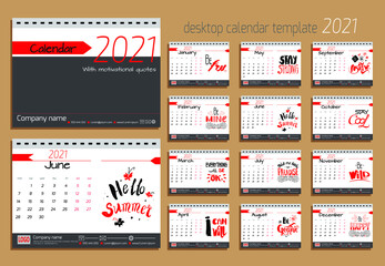 Desk calendar 2021. Vector design template with motivational quotes. Set of 12 months.