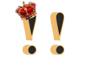 Poster - Exclamation mark with gold crown and without, black font with golden border. 3D rendering