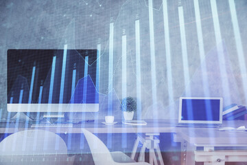 Multi exposure of financial graph drawing and office interior background. Concept of market analysis.