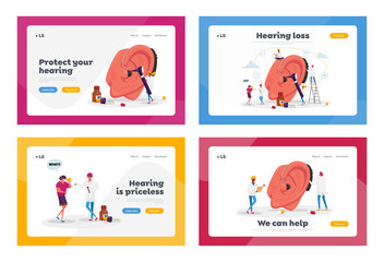  Deafness Landing Page Template Set. Deaf People with Hear Problems Visiting Doctor Audiologist for Ears Treatment. Tiny Characters around of Huge Ear Using Hearing Aid. Cartoon Vector Illustration
