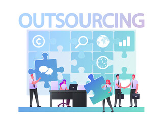 Wall Mural - Outsourcing Concept. Businesspeople Working at Huge Puzzle Put Pieces into empty Holes. Business men Characters Shaking Hands. Company Use Outsourced Employees. Cartoon People Vector Illustration