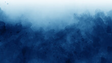 Abstract Blue Watercolor Background Painting, Dark Blue Abstract Ocean Waves And Spray In Painted Texture With Soft Blurred White Fog Or Haze