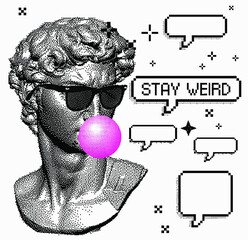 Poster - Classical bust sculpture chewing bubblegum and wearing sunglasses. 3D rendering of Michelangelo's David head in pixel art retro 8-bit style. Retrowave and vaporwave aesthetics of 80's-90's.