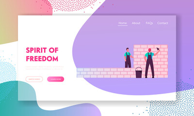 Poster - Men Engineers Working at Construction Site Landing Page Template. Builder Male Characters Wearing Uniform Holding Trowel Put Concrete for Laying Brick Wall Work. Cartoon People Vector Illustration