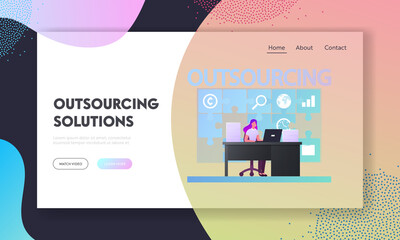 Wall Mural - Outsourcing Landing Page Template. Business Woman Character Working in Office Sit at Desk with Laptop at Huge Puzzle on Wall. Company Use Professional Outsourced Employees. Cartoon Vector Illustration