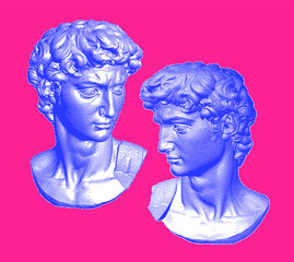 Poster - Set of Classical bust sculptures. 3D rendering of Michelangelo's David head in pixel art retro 8-bit style. Retrowave and vaporwave aesthetics of 80's-90's.