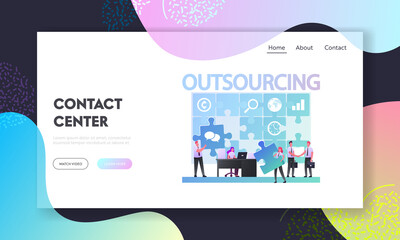 Wall Mural - Outsourcing Landing Page Template. Businesspeople Working at Huge Puzzle Put Pieces into empty Holes. Business Men Characters Shaking Hands. Outsourced Employees. Cartoon People Vector Illustration