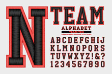 A Collegiate Or Sports Styled Alphabet With Embroidered Thread Effects; This Font Is Suited To Sports Team Names And Collegiate Wear