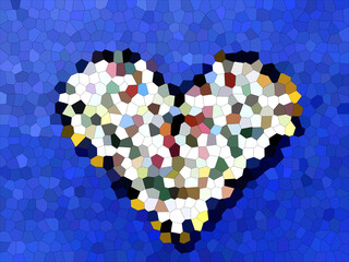 Mosaic decorative ornament with hearts on a blue background. Mosaic heart.Modern minimal style polygonal design texture.  Irregular lines mosaic pattern. Geometric grid