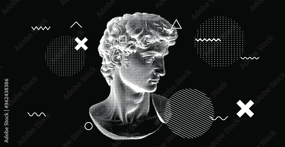 3D rendering of Michelangelo's David head in pixel art 8-bit style. Concept of Academic art and classical fine arts in modern contemporary stylization. - obrazy, fototapety, plakaty 