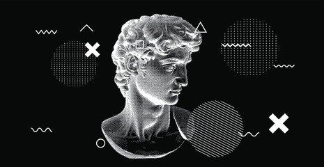 Poster - 3D rendering of Michelangelo's David head in pixel art 8-bit style. Concept of Academic art and classical fine arts in modern contemporary stylization.