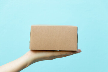 Wall Mural - Woman hand hold the brown corrugated box on blue  wall background with copy space