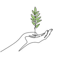 Wall Mural - one line drawing of sprout in hand. seedlings grow in the hands of trees. environment earth day sing