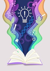 vector layered paper cut craft style open book with innovation light bulb, dna helix, lab flask, oth