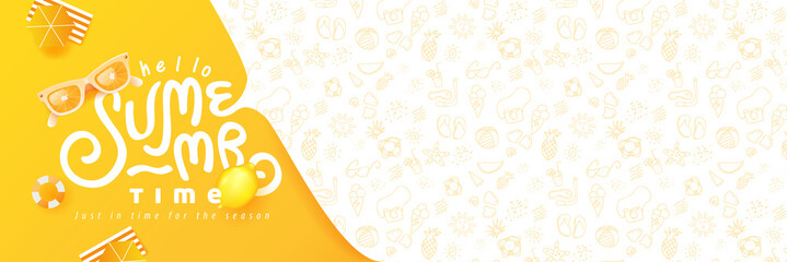summer banner design with beach accessories on the yellow background and copy space.