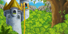 Cartoon Scene With Happy Princess Trapped In The Castle Illustration