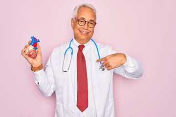 Wall Mural - Middle age senior grey-haired cardiologist doctor man holding professional medicine heart with surprise face pointing finger to himself