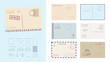 Envelope postcard template set. Stylish card greeting stamps postal services red blue frame fast delivery air ships retro design empty blank graphic template active old school. Delivery vector.