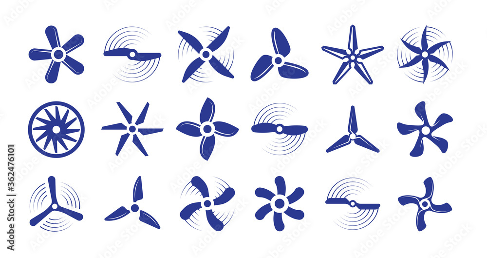 Propellers large set. Retro modern coolers turbine rotary helicopter blades airplanes turbulence stylish ventilation cooling systems graphic power air flow ship rotation energy. Vector aerial. - obrazy, fototapety, plakaty 
