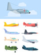 © alex_cardo - Airplanes stylish set. Big passenger liners cargo plane retro propeller corncob super powerful combat fighter small high speed private jet golfstream compact training aircraft. Color cartoon vector.