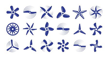 Propellers large set. Retro modern coolers turbine rotary helicopter blades airplanes turbulence stylish ventilation cooling systems graphic power air flow ship rotation energy. Vector aerial.