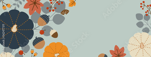 Fotomural Horizontal Rectangle Banner Design for Autumn/Fall with Pumpkins, Leaves, Nuts,