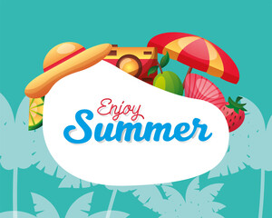 Sticker - enjoy summer with icon set and palm trees vector design