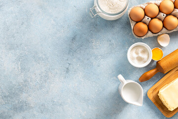 Poster - Raw ingredients for cooking pie Bakery background top view