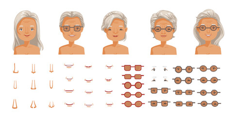 Elderly woman face set. Elderly woman head character creation. Eye, mouth, nose, eyebrows, glasses and hairstyles.