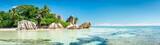 Panoramic view of a tropical beach on La Digue, Seychelles