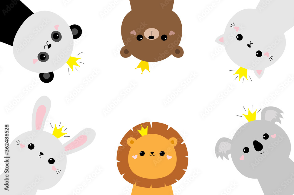 Panda, koala bear lion cat bunny rabbit hare face head set. Cute kawaii ...