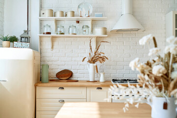 Kitchen wooden table top and kitchen blur background interior style scandinavian