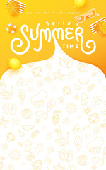 Wall Mural - summer banner design with beach accessories on the yellow background and copy space.