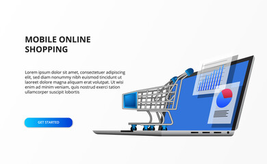Wall Mural - perspective 3D computer laptop illustration with data statistic and trolley cart. Concept of retail shopping data online business e commerce