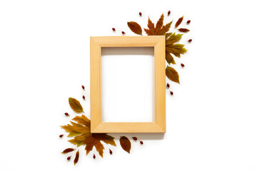Wall Mural - wooden frame with copy space for your text here. colorful autumn leaf decoration on white background