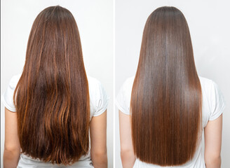 Sick, cut and healthy hair care straightening. Before and after treatment