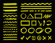 Vector highlight marker design elements, shapes, stripes, strokes and lines for text highlighting, marking or coloring. Abstract hand drawn highlighter marks, arrow, round, pointer. Grunge brush set.