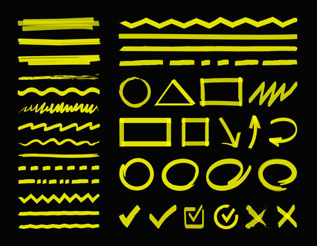 Vector highlight marker design elements, shapes, stripes, strokes and lines for text highlighting, marking or coloring. Abstract hand drawn highlighter marks, arrow, round, pointer. Grunge brush set.