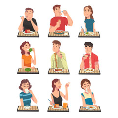 Poster - People Eating Different Meals Set, Men and Women Sitting at Tables Enjoying Eating of Delicious Food Vector Illustration