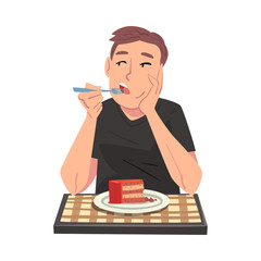 Sticker - Young Man Eating Delicious Cake, Cheerful Guy Sitting at Table with Checkered Tablecloth Cartoon Vector Illustration