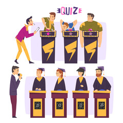 Poster - People Playing on Quiz Show Set, Participants Answering Questions on Television Intellectual Game, Presenter Asking Questions Cartoon Style Vector Illustration