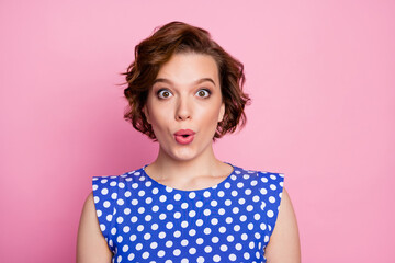 Poster - Close-up portrait of her she nice attractive cute charming lovely lovable cheerful cheery amazed brown-haired girl pout lips isolated over pink pastel color background